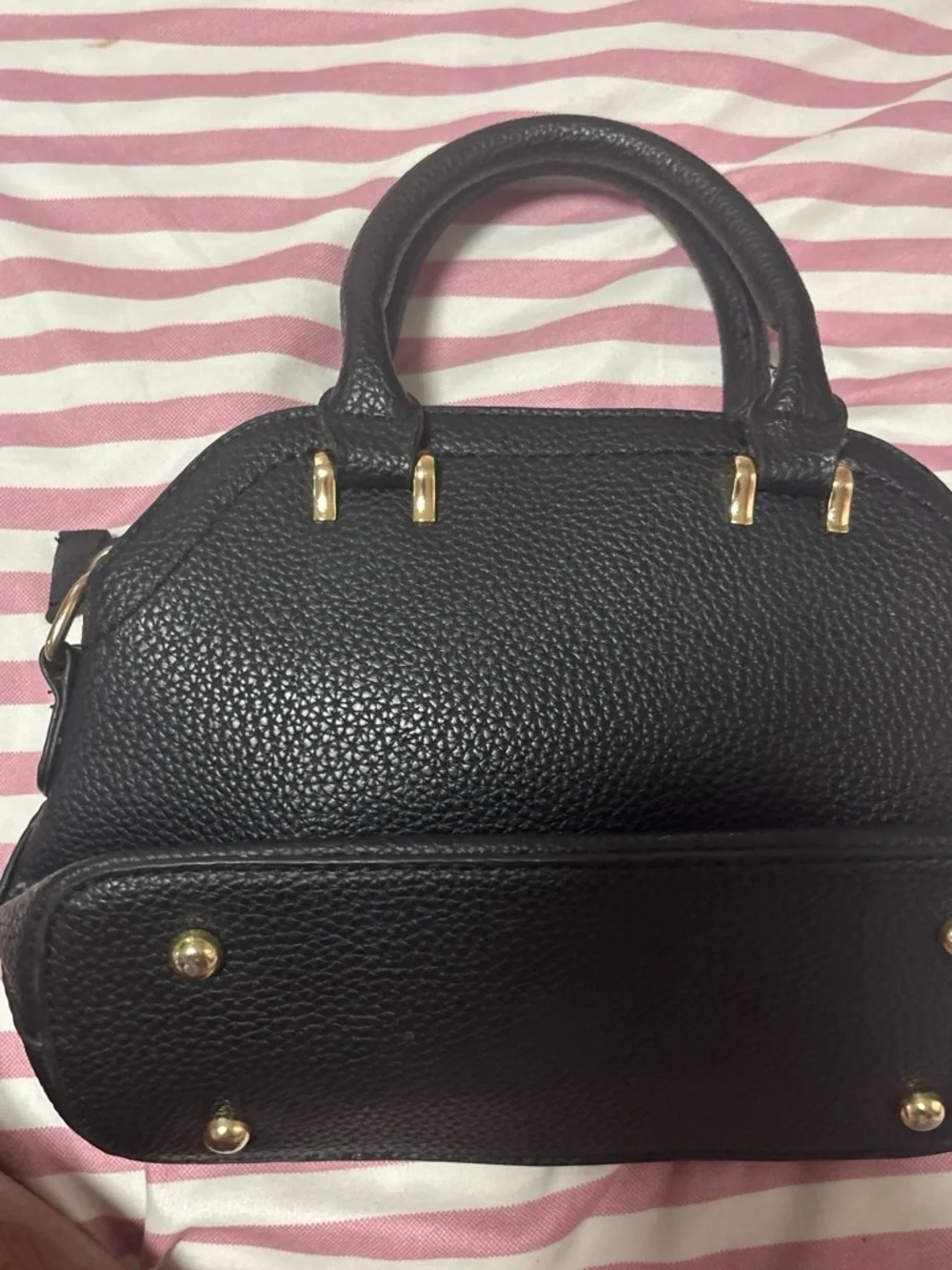 Black Pebbled Leather Satchel with Gold V Accent